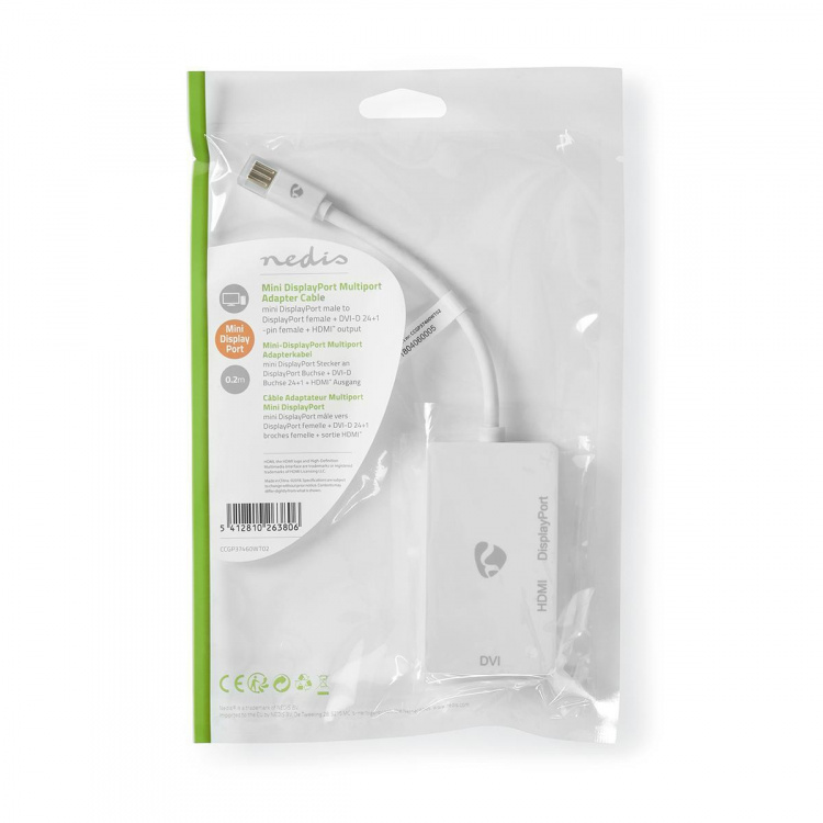 Nedis Mini Displayport-kabel | DisplayPort 1.2 | Mini DisplayPort Hane | DisplayPort Hona / DVI-D 24+1-Pin Hona / HDMI™ ingång | 21.6 Gbps | Nickelplaterad | 0.20 m | Rund | PVC | Vit | Plastpåse