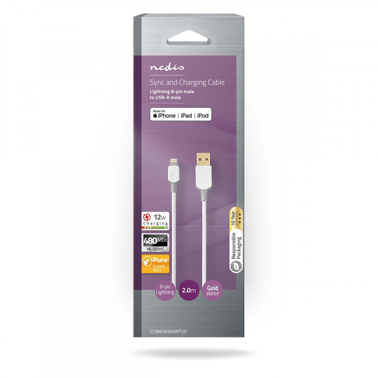 Nedis Lightning Kabel | USB 2.0 | Apple Lightning, 8-stifts | USB-A Hane | 480 Mbps | Guldplaterad | 2.00 m | Rund | PVC | Grå / Vit | Låda