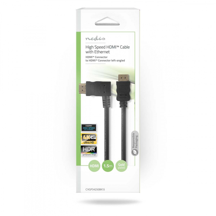 Nedis High Speed HDMI ™ kabel med Ethernet | Vänster Hooked HDMI ™ Connector | HDMI™ Kontakt | 4K@30Hz | 10.2 Gbps | 1.50 m | Rund | PVC | Svart | Kuvert Nedis High Speed HDMI ™ kabel med Ethernet | Vänster Hooked HDMI ™ Connector | HDMI™ Kontakt | 4K@30Hz | 10.2 Gbps | 1.50 m | Rund | PVC | Svart | Kuvert
