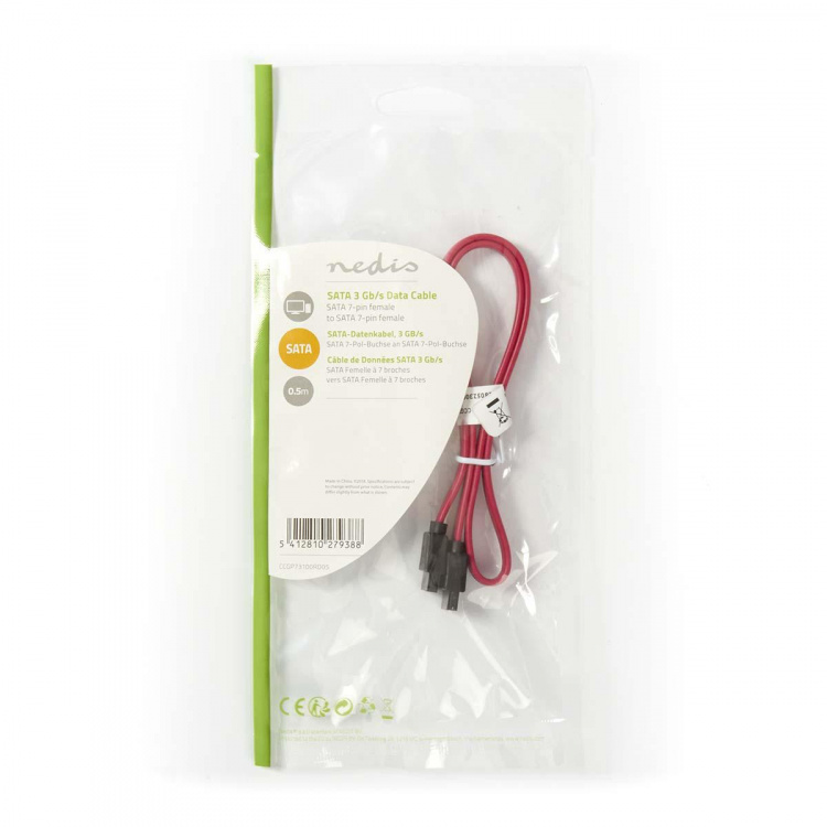 Nedis SATA kabel | 3 Gbps | SATA 7-Pin Hona | SATA 7-Pin Hona | Nickelplaterad | 0.50 m | Platt | PVC | Röd | Plastpåse