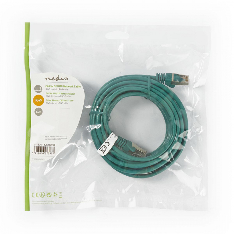 Nedis CAT5e nätverkskabel | SF/UTP | RJ45 hane | RJ45 hane | 5.00 m | Rund | PVC | Grön | Plastpåse