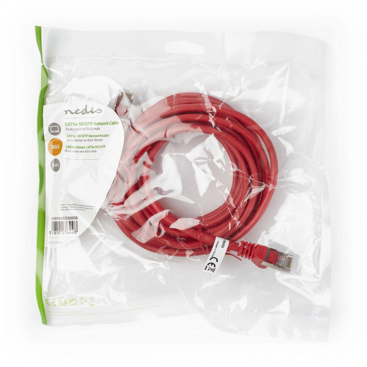 Nedis CAT5e nätverkskabel | SF/UTP | RJ45 hane | RJ45 hane | 5.00 m | Rund | PVC | Röd | Plastpåse Nedis CAT5e nätverkskabel | SF/UTP | RJ45 hane | RJ45 hane | 5.00 m | Rund | PVC | Röd | Plastpåse