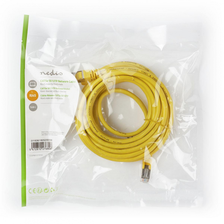 Nedis CAT5e nätverkskabel | SF/UTP | RJ45 hane | RJ45 hane | 5.00 m | Rund | PVC | Gul | Plastpåse