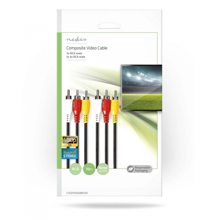 Nedis Komposit videokabel | 3x RCA Hane | 3x RCA Hane | Nickelplaterad | 480p | 10.0 m | Rund | PVC | Svart | Kuvert