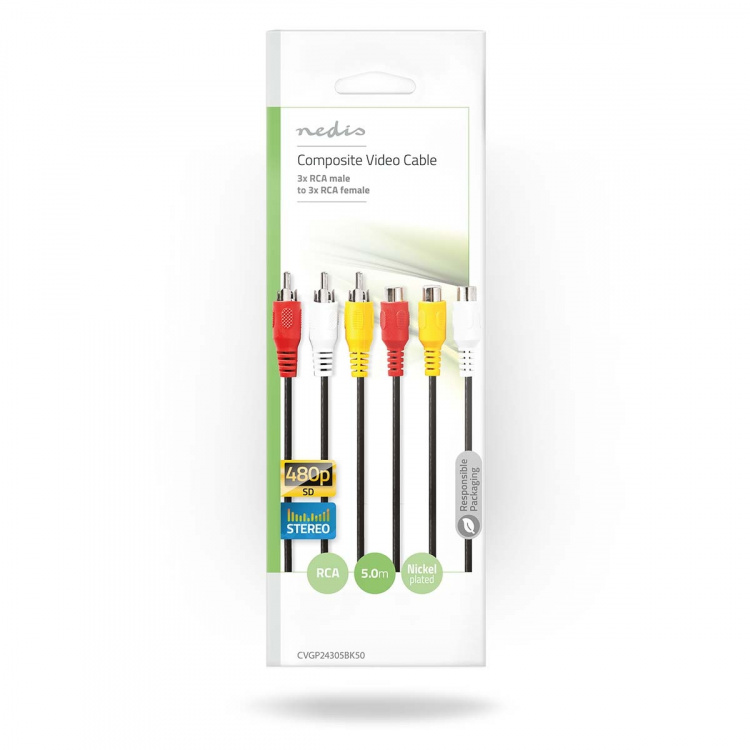 Nedis Komposit videokabel | 3x RCA Hane | 3x RCA Hona | Nickelplaterad | 480p | 5.00 m | Rund | PVC | Svart | Kuvert Nedis Komposit videokabel | 3x RCA Hane | 3x RCA Hona | Nickelplaterad | 480p | 5.00 m | Rund | PVC | Svart | Kuvert