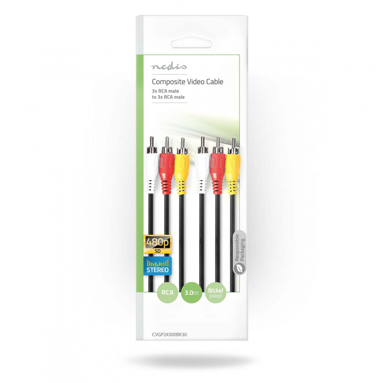 Nedis Komposit videokabel | 3x RCA Hane | 3x RCA Hane | Nickelplaterad | 480p | 3.00 m | Rund | PVC | Svart | Kuvert