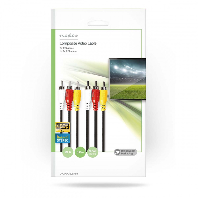 Nedis Komposit videokabel | 3x RCA Hane | 3x RCA Hane | Nickelplaterad | 480p | 5.00 m | Rund | PVC | Svart | Kuvert
