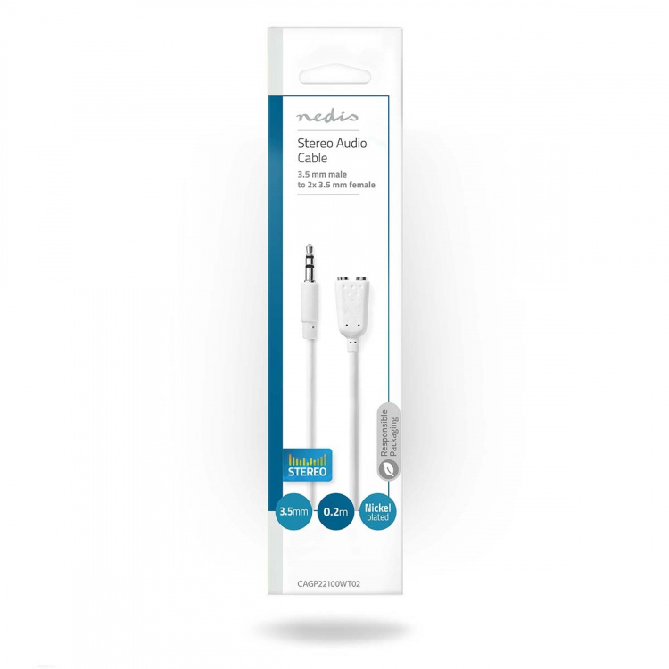 Nedis Stereoljudkabel | 3.5 mm Hane | 2x 3.5 mm, Hona | Nickelplaterad | 0.20 m | Rund | Vit | Kuvert Nedis Stereoljudkabel | 3.5 mm Hane | 2x 3.5 mm, Hona | Nickelplaterad | 0.20 m | Rund | Vit | Kuvert