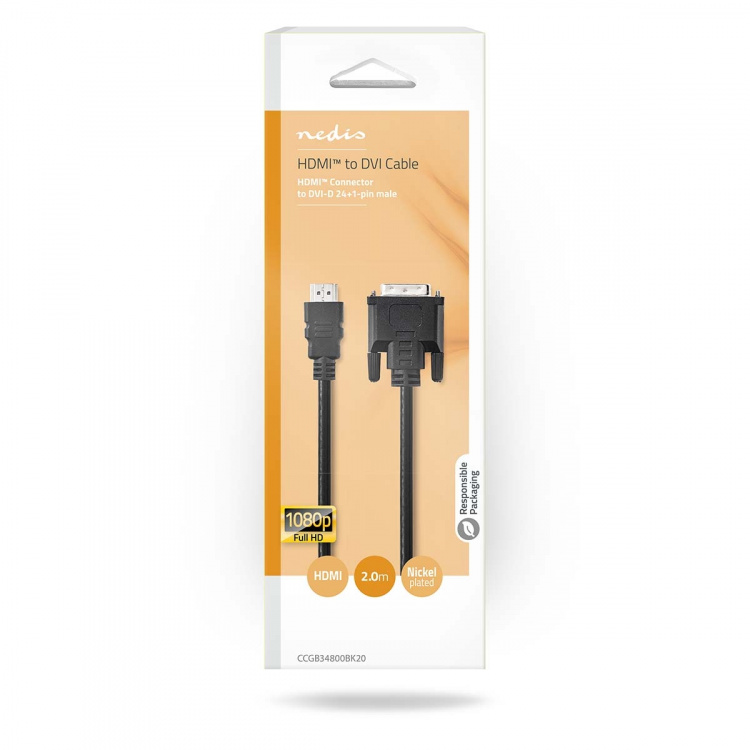 Nedis HDMI™ kabel | HDMI™ Kontakt | DVI-D 24+1-Pin Hane | 1080p | Nickelplaterad | 2.00 m | Rak | PVC | Svart | Låda