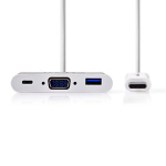 Nedis USB Multi-Port Adapter | 3-i-1 | USB 3.1 | USB-C™ Hane | USB-A Hona / USB-C™ Hona / VGA hona 15p | 5 Gbps | 0.20 m | Rund | Nickelplaterad | PVC | Vit | Blister