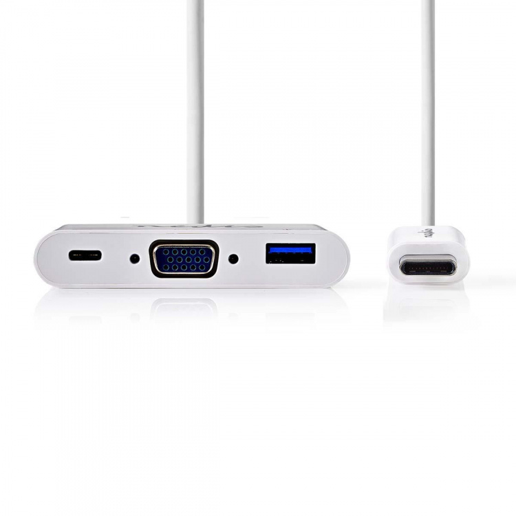 Nedis USB Multi-Port Adapter | 3-i-1 | USB 3.1 | USB-C™ Hane | USB-A Hona / USB-C™ Hona / VGA hona 15p | 5 Gbps | 0.20 m | Rund | Nickelplaterad | PVC | Vit | Blister