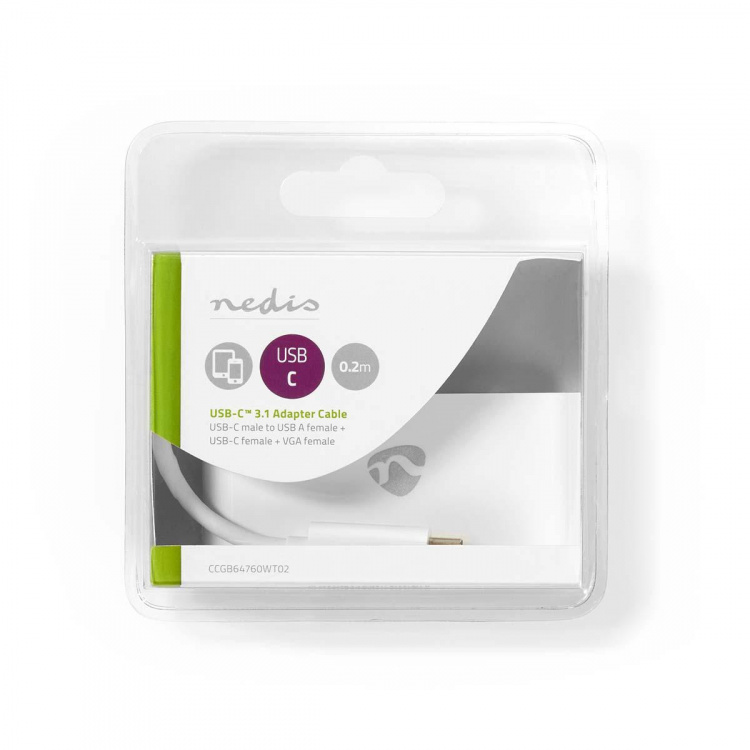 Nedis USB Multi-Port Adapter | 3-i-1 | USB 3.1 | USB-C™ Hane | USB-A Hona / USB-C™ Hona / VGA hona 15p | 5 Gbps | 0.20 m | Rund | Nickelplaterad | PVC | Vit | Blister