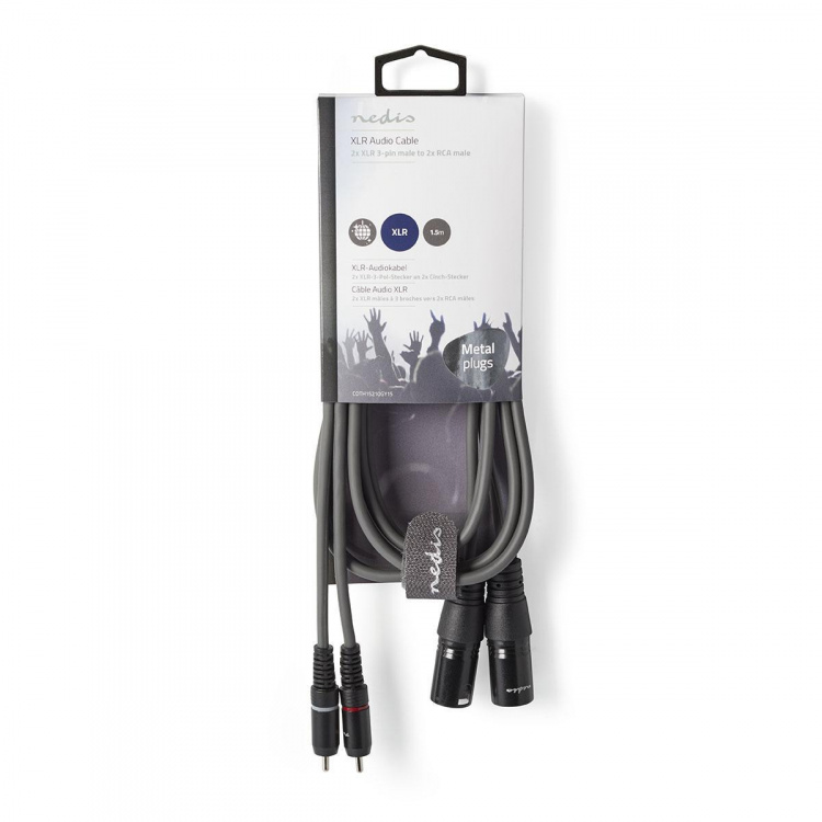 Nedis Balanserad ljudkabel | 2x XLR 3-Pin Hane | 2x RCA Hane | Nickelplaterad | 1.50 m | Rund | PVC | Mörkgrå | Kartonghylsa Nedis Balanserad ljudkabel | 2x XLR 3-Pin Hane | 2x RCA Hane | Nickelplaterad | 1.50 m | Rund | PVC | Mörkgrå | Kartonghylsa