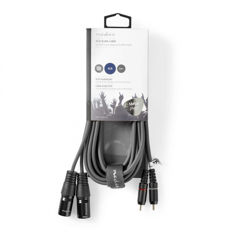 Nedis Balanserad ljudkabel | 2x XLR 3-Pin Hane | 2x RCA Hane | Nickelplaterad | 3.00 m | Rund | PVC | Mörkgrå | Kartonghylsa Nedis Balanserad ljudkabel | 2x XLR 3-Pin Hane | 2x RCA Hane | Nickelplaterad | 3.00 m | Rund | PVC | Mörkgrå | Kartonghylsa