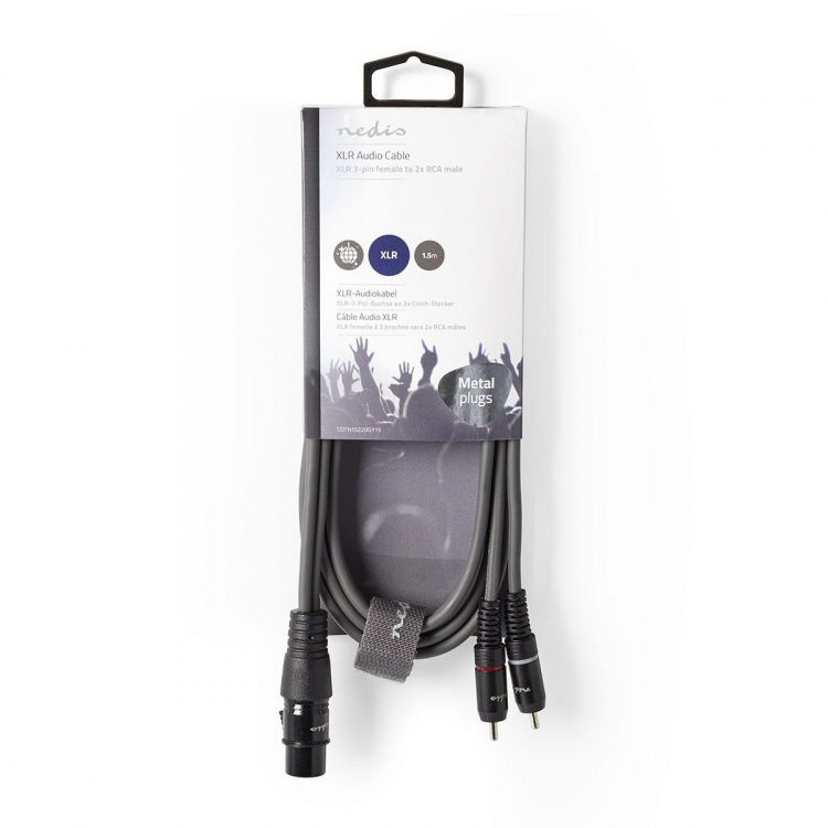 Nedis Balanserad ljudkabel | XLR 3-stifts hona | 2x RCA Hane | Nickelplaterad | 1.50 m | Rund | PVC | Mörkgrå | Kartonghylsa Nedis Balanserad ljudkabel | XLR 3-stifts hona | 2x RCA Hane | Nickelplaterad | 1.50 m | Rund | PVC | Mörkgrå | Kartonghylsa