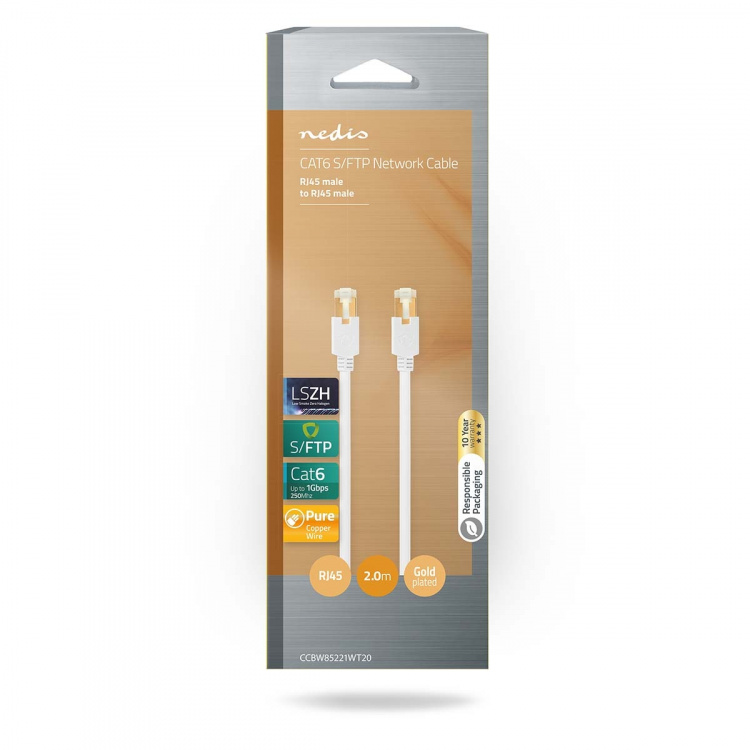Nedis CAT6 Nätverkskabel | RJ45 hane | RJ45 hane | S/FTP | 2.00 m | Rund | LSZH / PVC | Vit | Kartong med fönster Nedis CAT6 Nätverkskabel | RJ45 hane | RJ45 hane | S/FTP | 2.00 m | Rund | LSZH / PVC | Vit | Kartong med fönster
