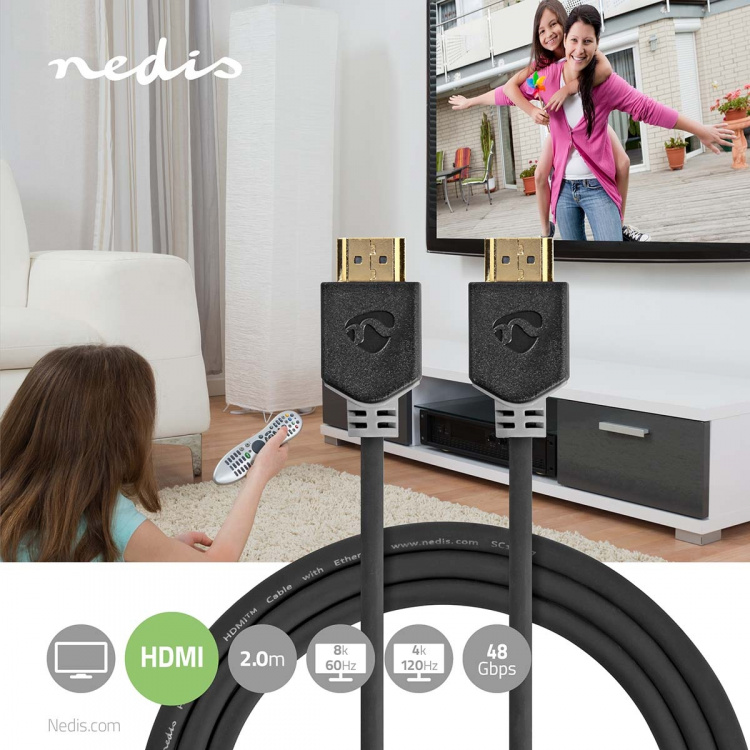 Nedis Ultra High Speed HDMI ™ kabel | HDMI™ Kontakt | HDMI™ Kontakt | 8K@60Hz | 48 Gbps | 2.00 m | Rund | 6.5 mm | Antracit | Låda Nedis Ultra High Speed HDMI ™ kabel | HDMI™ Kontakt | HDMI™ Kontakt | 8K@60Hz | 48 Gbps | 2.00 m | Rund | 6.5 mm | Antracit | Låda