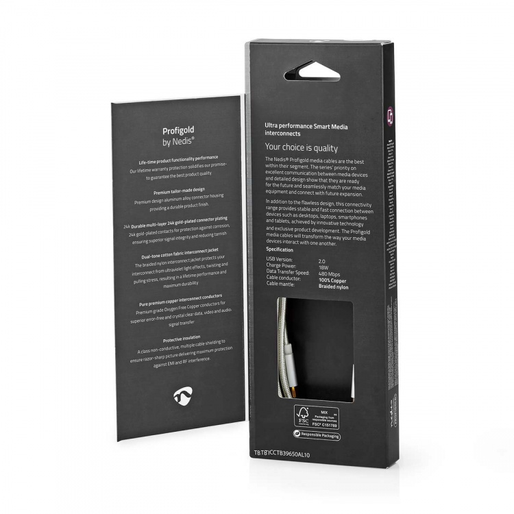 Nedis Lightning Kabel | USB 2.0 | Apple Lightning, 8-stifts | USB-C™ Hane | 480 Mbps | Guldplaterad | 1.00 m | Rund | Flätad / Nylon | Aluminium / Silver | Kartong med täckt fönster