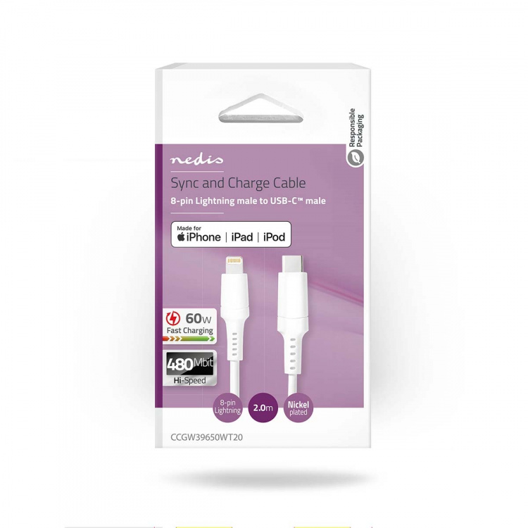 Nedis Lightning Kabel | USB 2.0 | Apple Lightning, 8-stifts | USB-C™ Hane | 480 Mbps | Nickelplaterad | 2.00 m | Rund | PVC | Vit | Låda Nedis Lightning Kabel | USB 2.0 | Apple Lightning, 8-stifts | USB-C™ Hane | 480 Mbps | Nickelplaterad | 2.00 m | Rund | PVC | Vit | Låda
