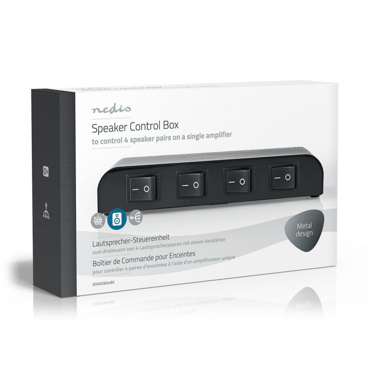 Nedis Högtalar kontrollboxen | 4-Port port(s) | Terminalklämmor | Högtalarimpedans: 4-16 Ohm | Maxlast per Kanal: 200 W | Aluminium | Svart
