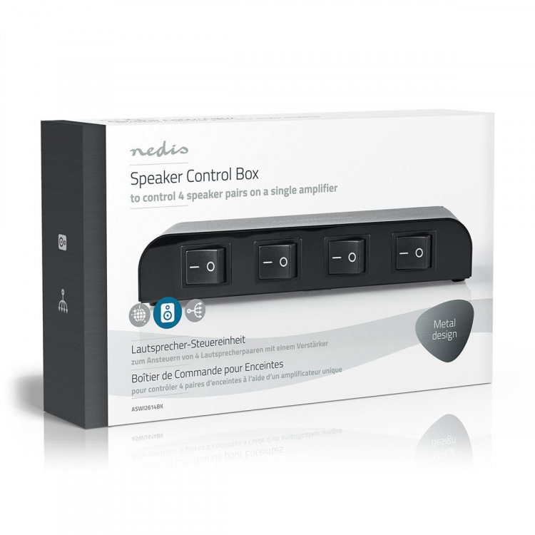 Nedis Högtalar kontrollboxen | 4-Port port(s) | Terminalskruvar | Högtalarimpedans: 4-16 Ohm | Maxlast per Kanal: 200 W | Aluminium | Svart