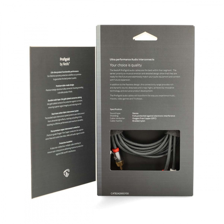 Nedis Stereoljudkabel | 2x RCA Hane | 2x RCA Hane | Guldplaterad | 5.00 m | Rund | Grå / Grått Med Metall | Kartong med täckt fönster