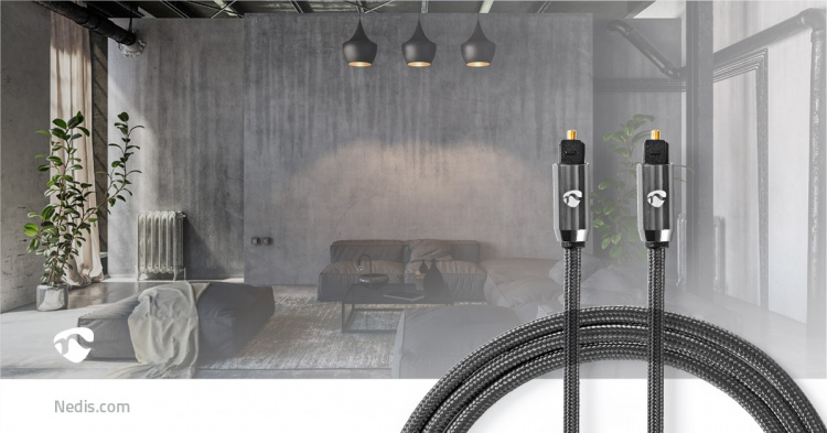 Nedis Optisk ljudkabel | TosLink Hane | TosLink Hane | 1.00 m | Rund | Bomull | Grått Med Metall | Kartong med täckt fönster Nedis Optisk ljudkabel | TosLink Hane | TosLink Hane | 1.00 m | Rund | Bomull | Grått Med Metall | Kartong med täckt fönster