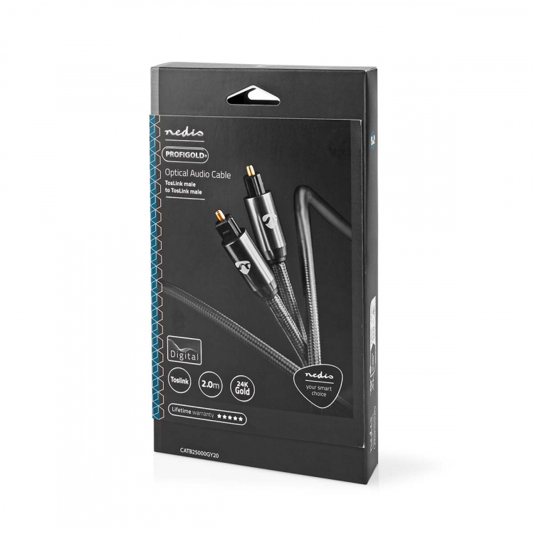 Nedis Optisk ljudkabel | TosLink Hane | TosLink Hane | 2.00 m | Rund | Bomull | Grått Med Metall | Kartong med täckt fönster Nedis Optisk ljudkabel | TosLink Hane | TosLink Hane | 2.00 m | Rund | Bomull | Grått Med Metall | Kartong med täckt fönster
