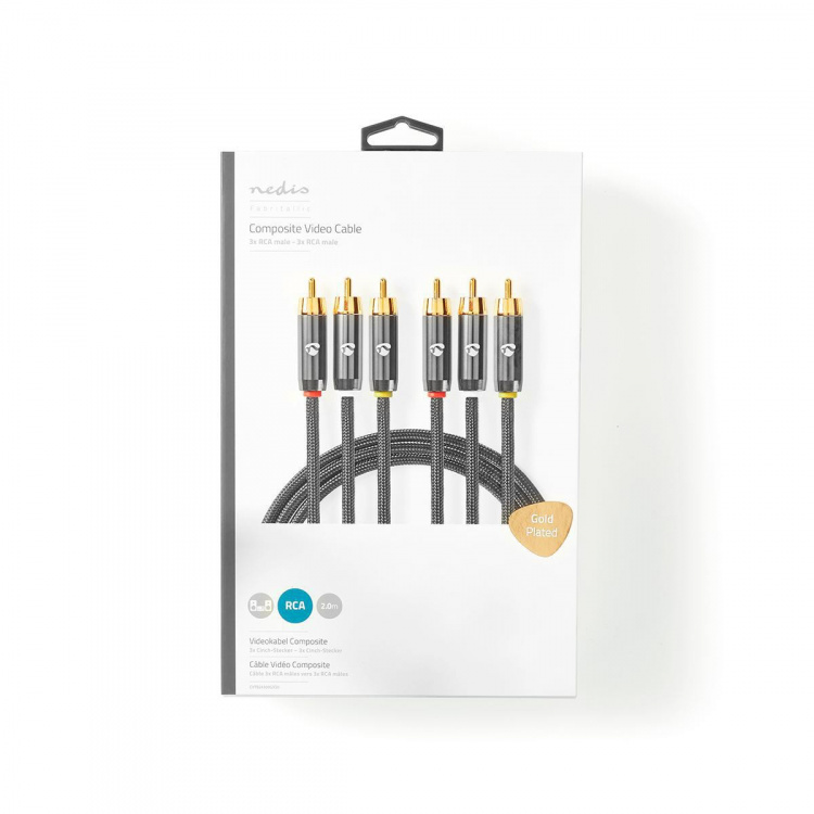 Nedis Komposit videokabel | 3x RCA Hane | 3x RCA Hane | Guldplaterad | 480p | 2.00 m | Rund | Bomull | Antracit / Grått Med Metall | Kartong med täckt fönster