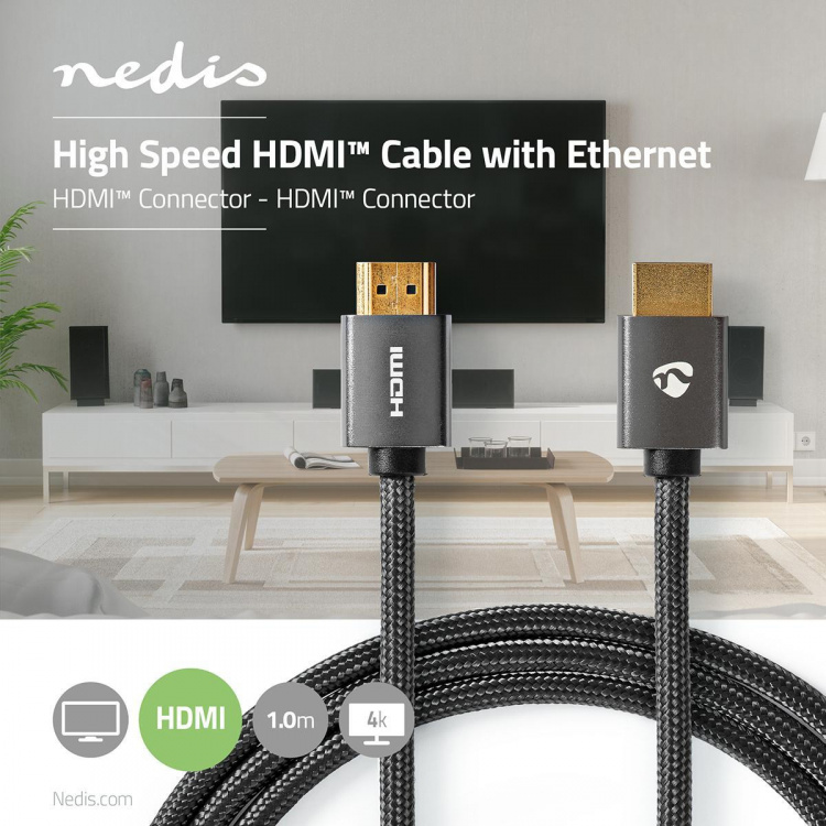 Nedis High Speed HDMI ™ kabel med Ethernet | HDMI™ Kontakt | HDMI™ Kontakt | 4K@60Hz | ARC | 18 Gbps | 1.00 m | Rund | Bomull | Grått Med Metall | Kartong med täckt fönster Nedis High Speed HDMI ™ kabel med Ethernet | HDMI™ Kontakt | HDMI™ Kontakt | 4K@60Hz | ARC | 18 Gbps | 1.00 m | Rund | Bomull | Grått Med Metall | Kartong med täckt fönster