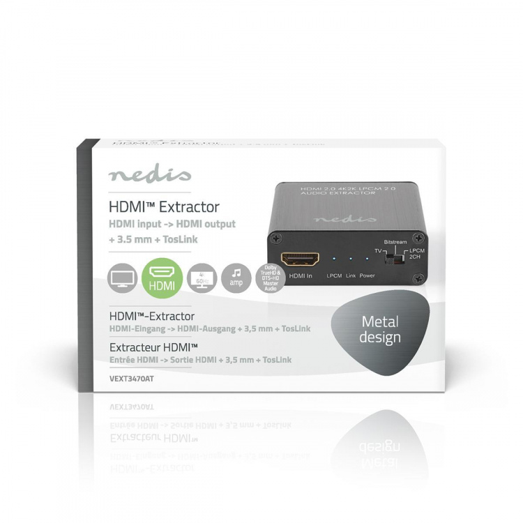 Nedis HDMI ™ Extractor | HDMI™ Input | TosLink Female / 1x 3.5 mm / 1x HDMI™ Output | Maximal upplösning: 4K@60Hz | 18 Gbps | Metall | Antracit | Presentbox Nedis HDMI ™ Extractor | HDMI™ Input | TosLink Female / 1x 3.5 mm / 1x HDMI™ Output | Maximal upplösning: 4K@60Hz | 18 Gbps | Metall | Antracit | Presentbox