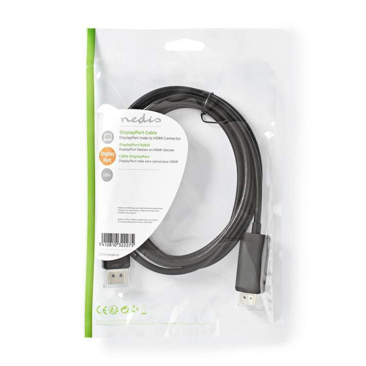 Nedis Displayport-kabel | DisplayPort Hane | HDMI™ Kontakt | 4K@60Hz | Nickelplaterad | 2.00 m | Rund | PVC | Svart | Plastpåse