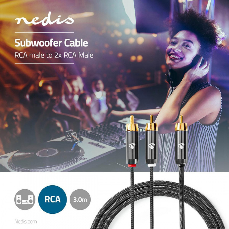 Nedis subwoofer Kabel | RCA Hane | 2x RCA Hane | Guldplaterad | 3.00 m | Rund | 4.5 mm | Grå / Grått Med Metall | Kartong med täckt fönster