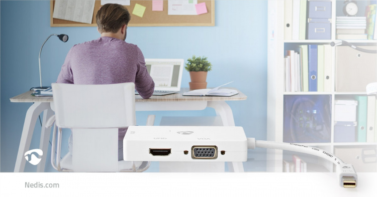 Nedis Displayport-adapter | Mini DisplayPort Hane | DVI-D 24+1-Pin Hona / HDMI™ Utgång / VGA hona 15p | 4K@60Hz | Nickelplaterad | Omkopplingsbar | 0.20 m | Rund | ABS | ABS | Vit | Låda
