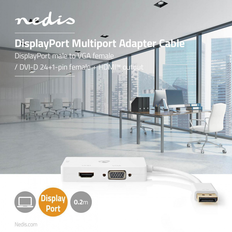 Nedis Displayport-adapter | Mini DisplayPort Hane | DVI-D 24+1-Pin Hona / HDMI™ Utgång / VGA hona 15p | 4K@60Hz | Guldplaterad | Omkopplingsbar | 0.20 m | Rund | ABS | ABS | Vit | Plastpåse
