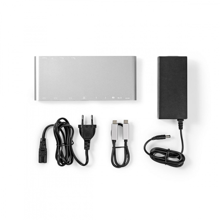 Nedis USB Dockningsstation | USB 3.2 Gen 1 | USB-C™ Hane | DisplayPort Hona / HDMI™ Utgång / RJ45 Hona / VGA hona 15p / 2x 3.5 mm, Hona / 2x USB-C™ / 4x USB-A | 0.20 m | Rund | Nickelplaterad | Flätad / Nylon | Vit | Window Box med Euro Lock