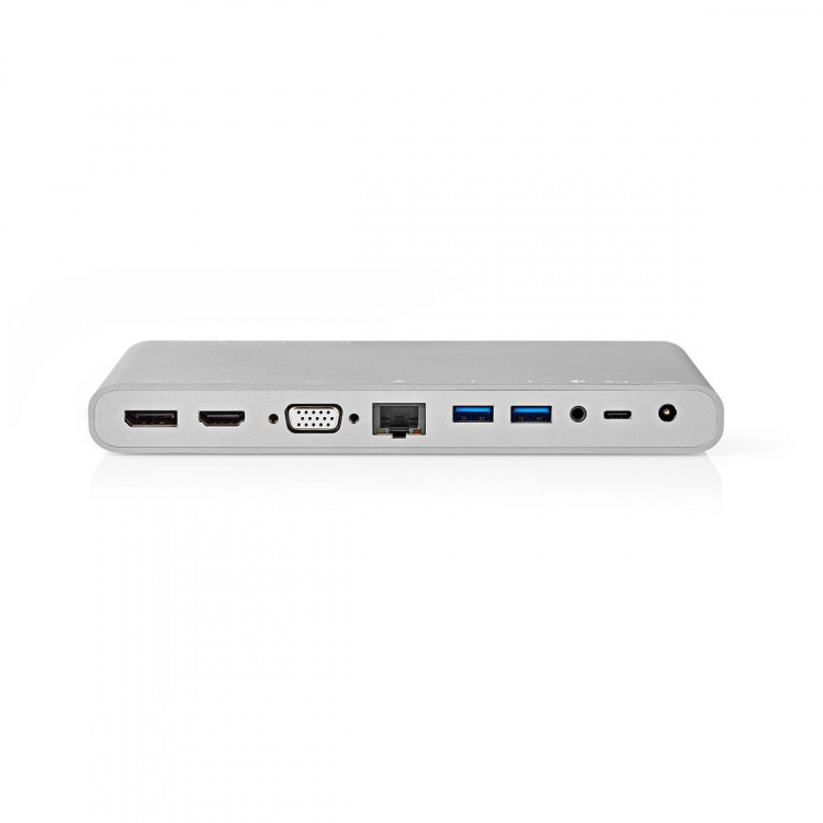 Nedis USB Dockningsstation | USB 3.2 Gen 1 | USB-C™ Hane | DisplayPort Hona / HDMI™ Utgång / RJ45 Hona / VGA hona 15p / 2x 3.5 mm, Hona / 2x USB-C™ / 4x USB-A | 0.20 m | Rund | Nickelplaterad | Flätad / Nylon | Vit | Window Box med Euro Lock