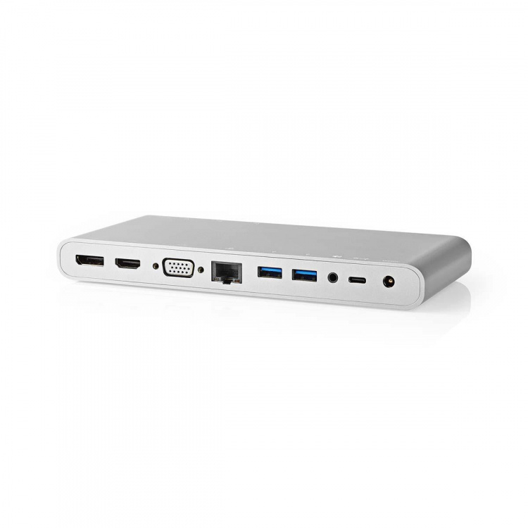 Nedis USB Dockningsstation | USB 3.2 Gen 1 | USB-C™ Hane | DisplayPort Hona / HDMI™ Utgång / RJ45 Hona / VGA hona 15p / 2x 3.5 mm, Hona / 2x USB-C™ / 4x USB-A | 0.20 m | Rund | Nickelplaterad | Flätad / Nylon | Vit | Window Box med Euro Lock