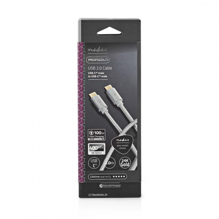 Nedis USB-kabel | USB 2.0 | USB-C™ Hane | USB-C™ Hane | 100 W | 480 Mbps | Guldplaterad | 2.00 m | Rund | Flätad / Nylon | Silver | Kartong med täckt fönster