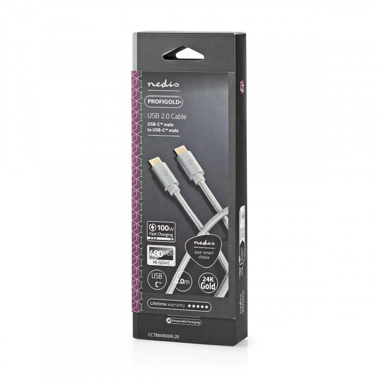 Nedis USB-kabel | USB 2.0 | USB-C™ Hane | USB-C™ Hane | 100 W | 480 Mbps | Guldplaterad | 2.00 m | Rund | Flätad / Nylon | Silver | Kartong med täckt fönster