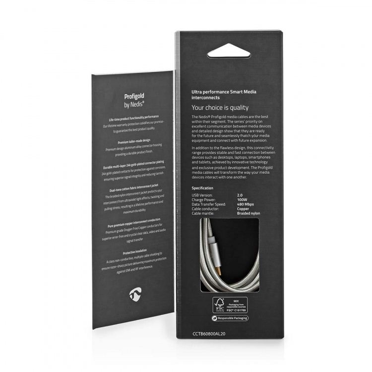 Nedis USB-kabel | USB 2.0 | USB-C™ Hane | USB-C™ Hane | 100 W | 480 Mbps | Guldplaterad | 2.00 m | Rund | Flätad / Nylon | Silver | Kartong med täckt fönster