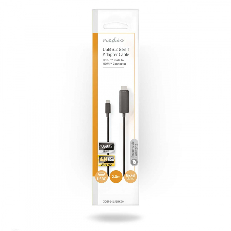 Nedis USB-C™ Adapter | USB 3.2 Gen 1 | USB-C™ Hane | HDMI™ Kontakt | 4K@60Hz | 2.00 m | Rund | Nickelplaterad | PVC | Svart | Plastpåse