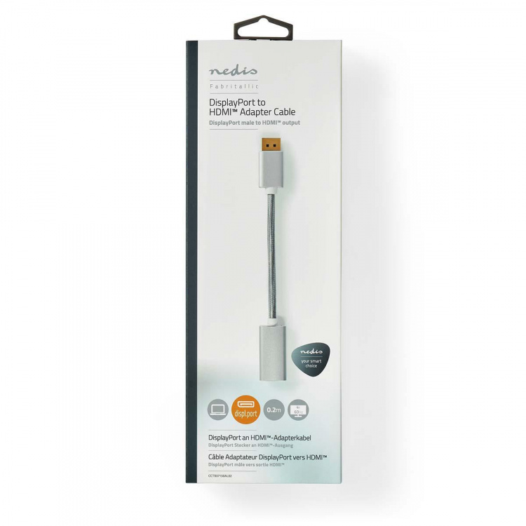 Nedis Displayport-kabel | DisplayPort Hane | HDMI™ Utgång | 4K@60Hz | Guldplaterad | 0.20 m | Rund | Flätad | Silver | Kartong med täckt fönster