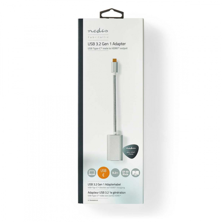 Nedis USB-C™ Adapter | USB 3.2 Gen 1 | USB-C™ Hane | HDMI™ Utgång | 4K@60Hz | Power delivery | 0.20 m | Rund | Guldplaterad | Flätad / Nylon | Silver | Kartong med täckt fönster Nedis USB-C™ Adapter | USB 3.2 Gen 1 | USB-C™ Hane | HDMI™ Utgång | 4K@60Hz | Power delivery | 0.20 m | Rund | Guldplaterad | Flätad / Nylon | Silver | Kartong med täckt fönster
