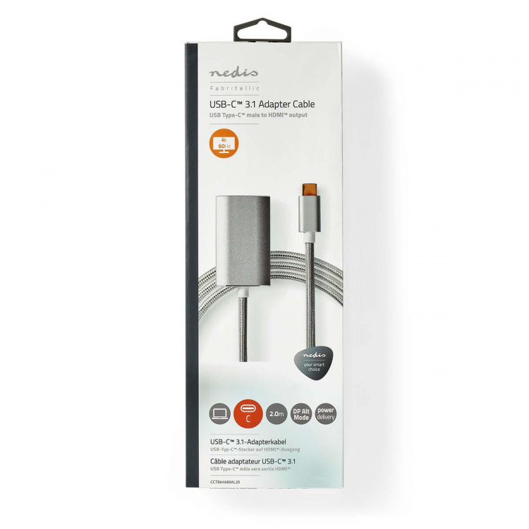 Nedis USB-C™ Adapter | USB 3.2 Gen 1 | USB-C™ Hane | HDMI™ Utgång | 4K@60Hz | Power delivery | 2.00 m | Rund | Guldplaterad | Flätad / Nylon | Silver | Kartong med täckt fönster