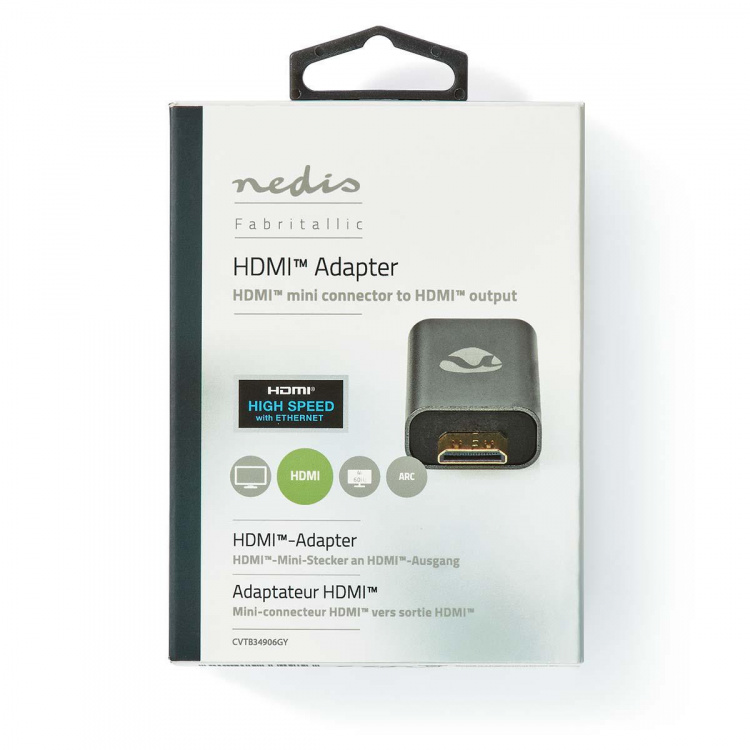 Nedis HDMI™ Adapter | HDMI™ Hane / HDMI™ Mini kontakt | HDMI™ Utgång | Guldplaterad | Rak | Aluminium | Grått Med Metall | 1 st. | Kartong med täckt fönster