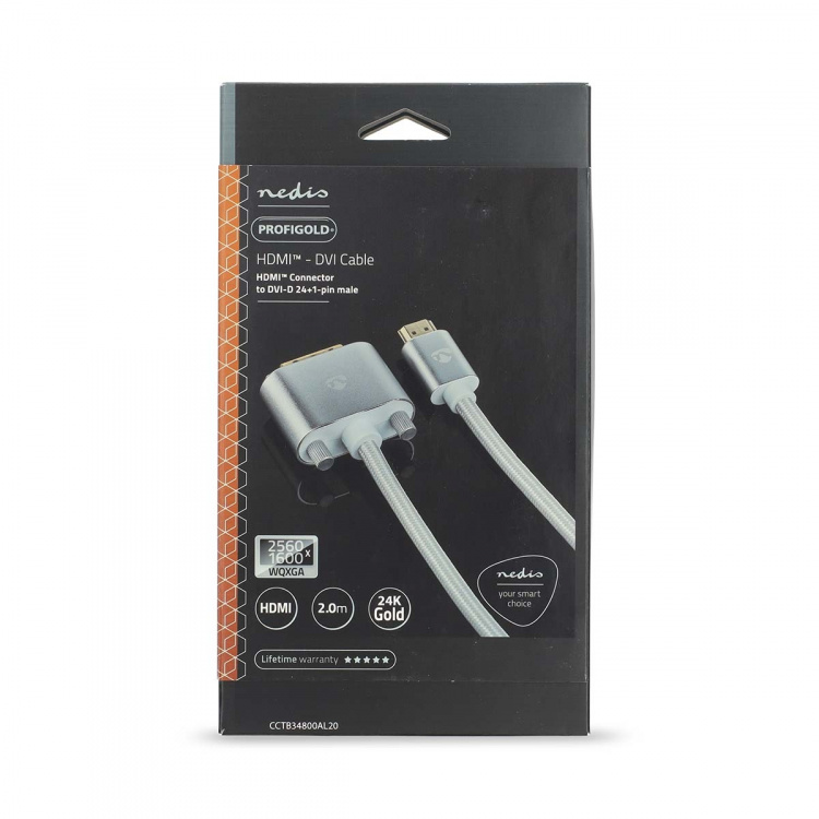 Nedis HDMI™ kabel | HDMI™ Kontakt | DVI-D 24+1-Pin Hane | 2560x1600 | Guldplaterad | 2.00 m | Rak | Flätad | Silver | Kartong med täckt fönster