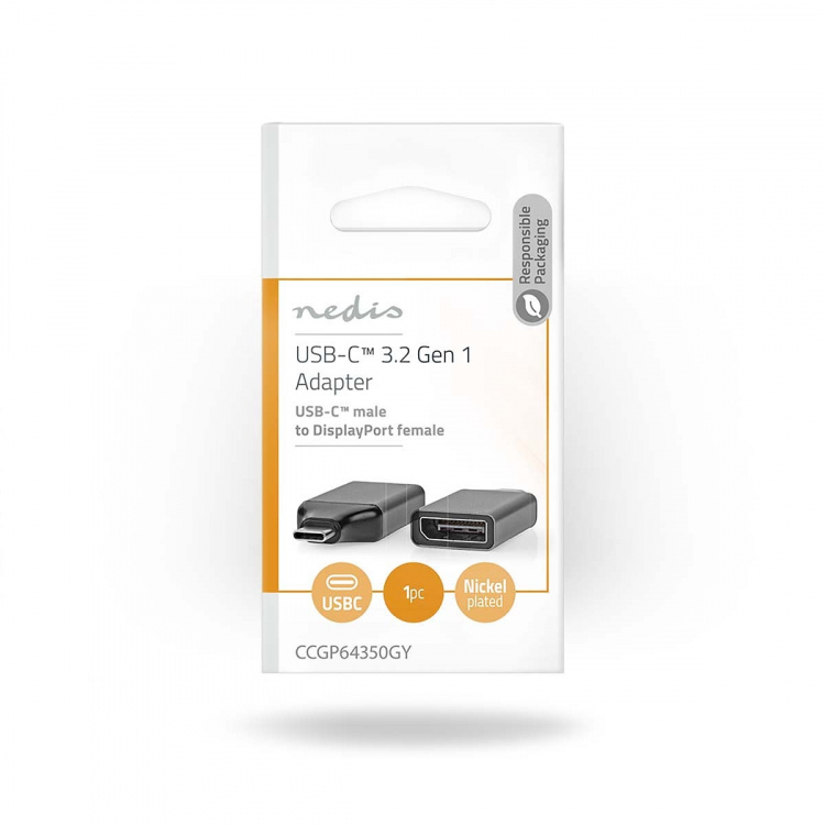 Nedis USB-C™ Adapter | USB 3.2 Gen 1 | USB-C™ Hane | DisplayPort Hona | 4K@60Hz | Rund | Nickelplaterad | Grå / Svart | Kuvert