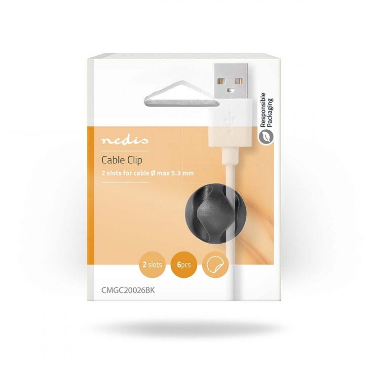 Nedis Kabelhantering | Kabelklämma | Klicka och Go | 6 st. | Antal platser: 2 Skivor | Maximal kabeltjocklek: 5.3 mm | TPE | Svart