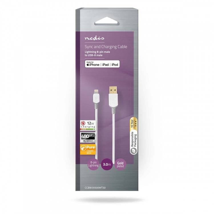 Nedis Lightning Kabel | USB 2.0 | Apple Lightning, 8-stifts | USB-A Hane | 480 Mbps | Guldplaterad | 3.00 m | Rund | PVC | Grå / Vit | Låda Nedis Lightning Kabel | USB 2.0 | Apple Lightning, 8-stifts | USB-A Hane | 480 Mbps | Guldplaterad | 3.00 m | Rund | PVC | Grå / Vit | Låda